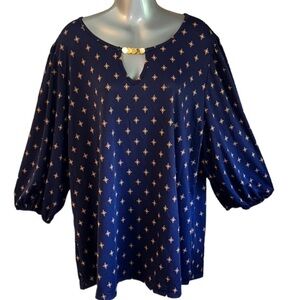 CURE Blue and Golden Yellow Print Blouse Tunic Top 3/4 Sleeve 3XL